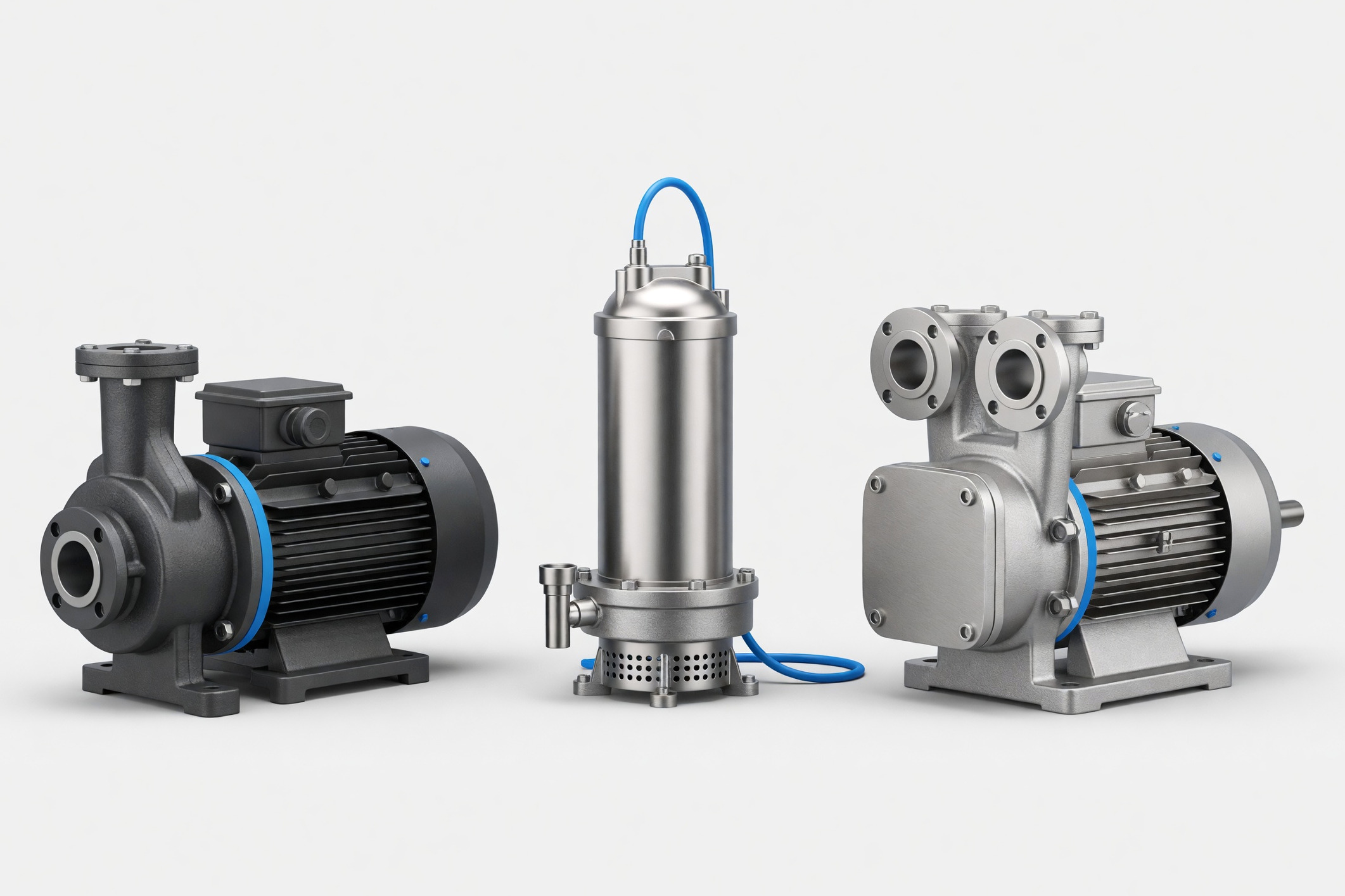 Three industrial pumps side by side on a plain studio ground — a cast-iron end-suction centrifugal, a stainless submersible, and a stainless rotary lobe pump