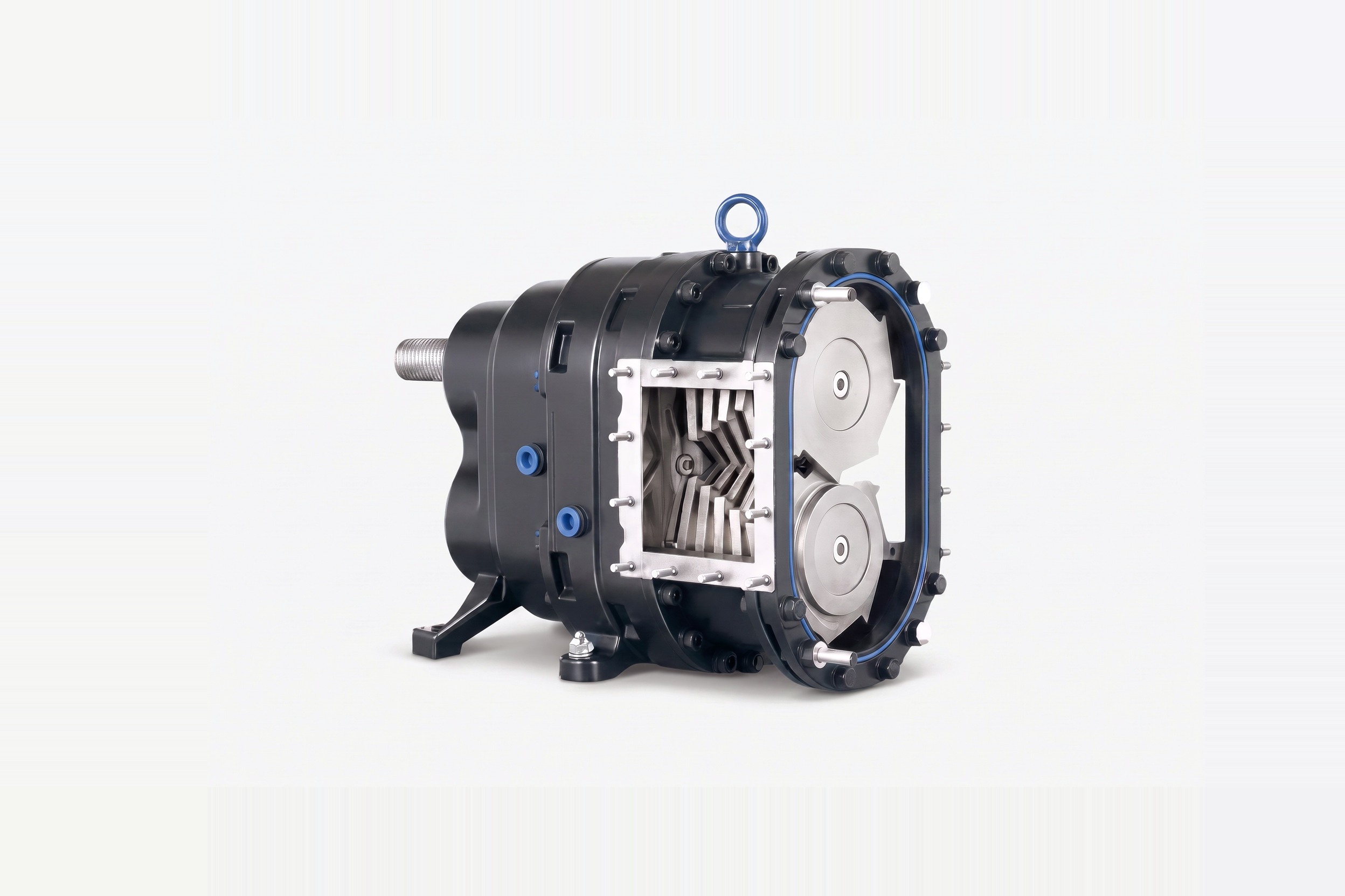 An inline twin-shaft macerator on a clean studio ground