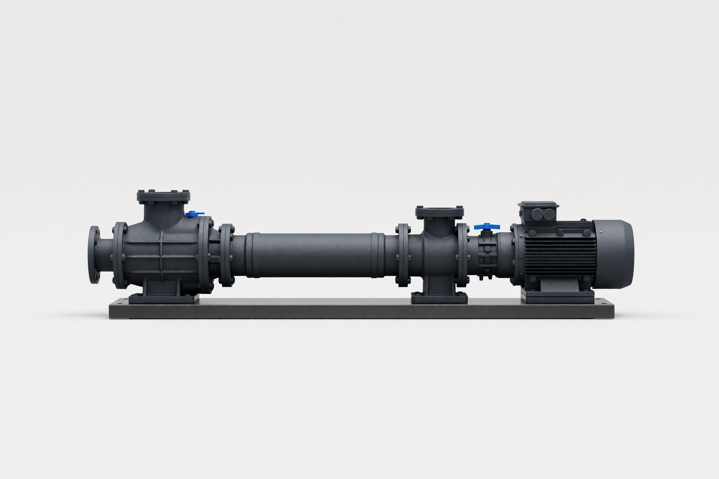 A complete progressive cavity pump with drive, baseplate and flanged ports on a clean studio ground